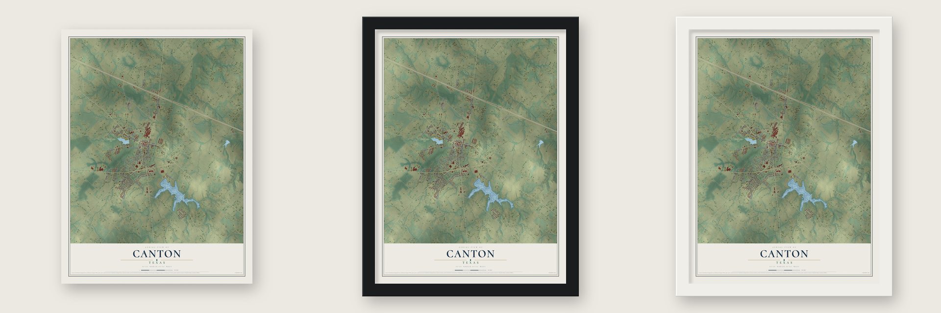Canton, Texas map unframed, in a black wood frame and in a white wood frame