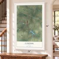 Canton, Texas map, 24 x 36 inch print in a white frame by a staircase