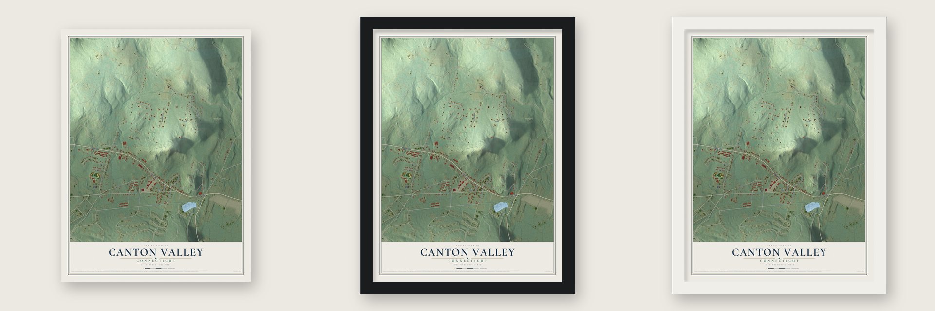 Canton Valley, Connecticut map unframed, in a black wood frame and in a white wood frame