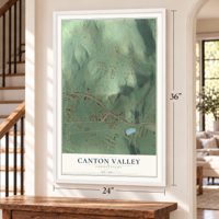 Canton Valley, Connecticut map, 24 x 36 inch print in a white frame by a staircase