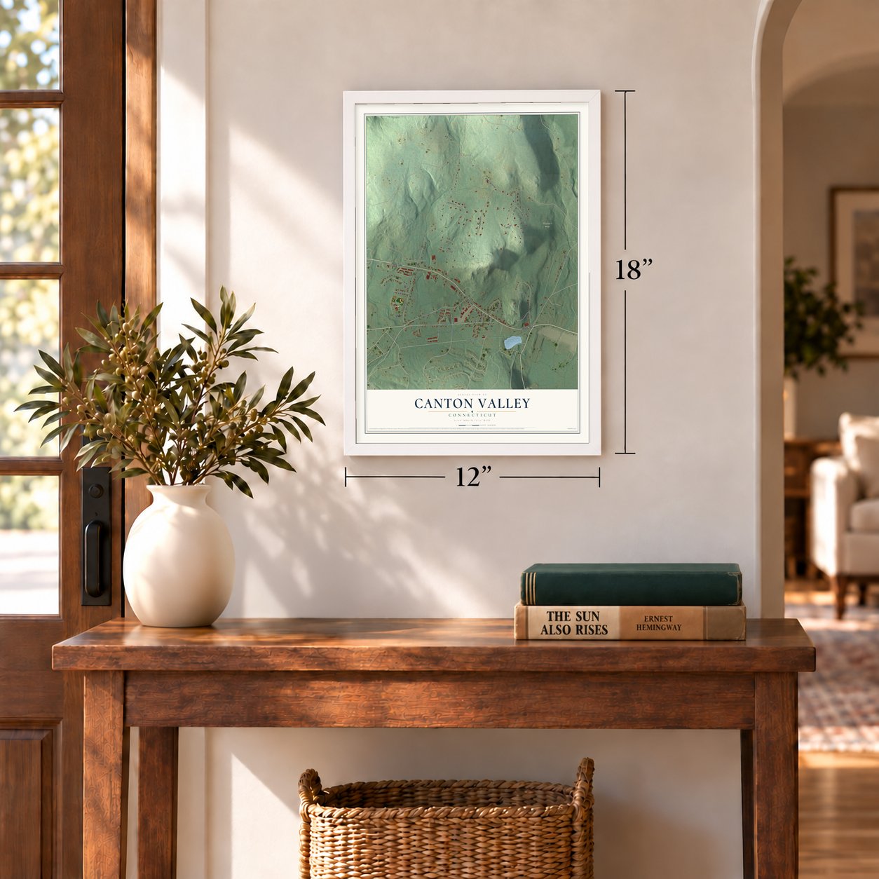 Canton Valley, Connecticut map, 12 x 18 inch print in a white frame in an entryway