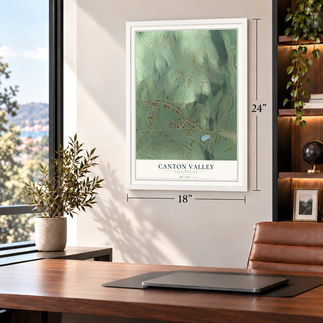 Canton Valley, Connecticut map, 18 x 24 inch print in a white frame in a home office