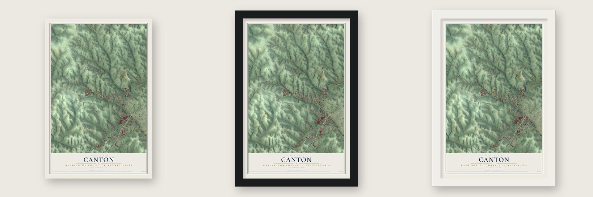 Canton, Washington County, Pennsylvania map unframed, in a black wood frame and in a white wood frame