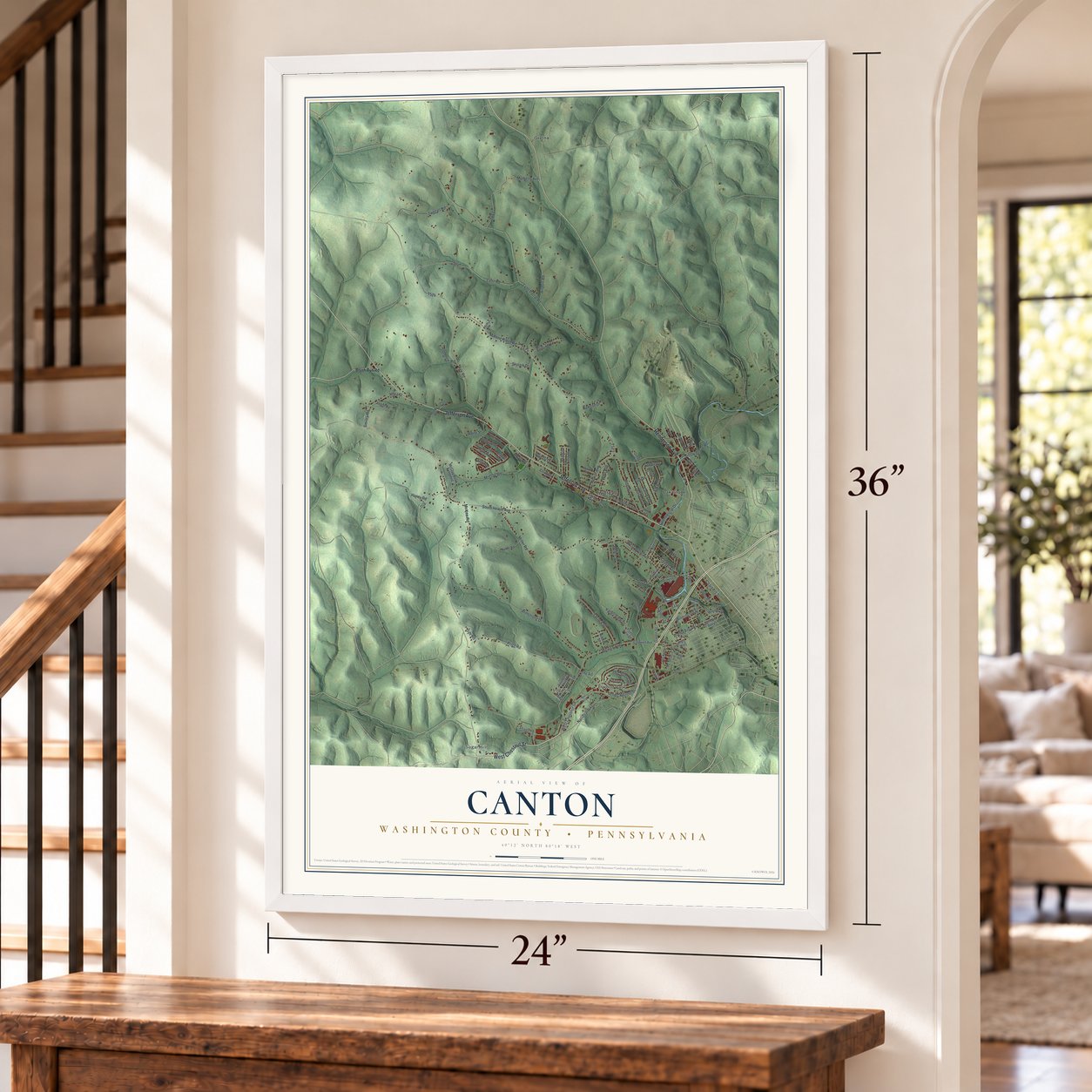 Canton, Washington County, Pennsylvania map, 24 x 36 inch print in a white frame by a staircase
