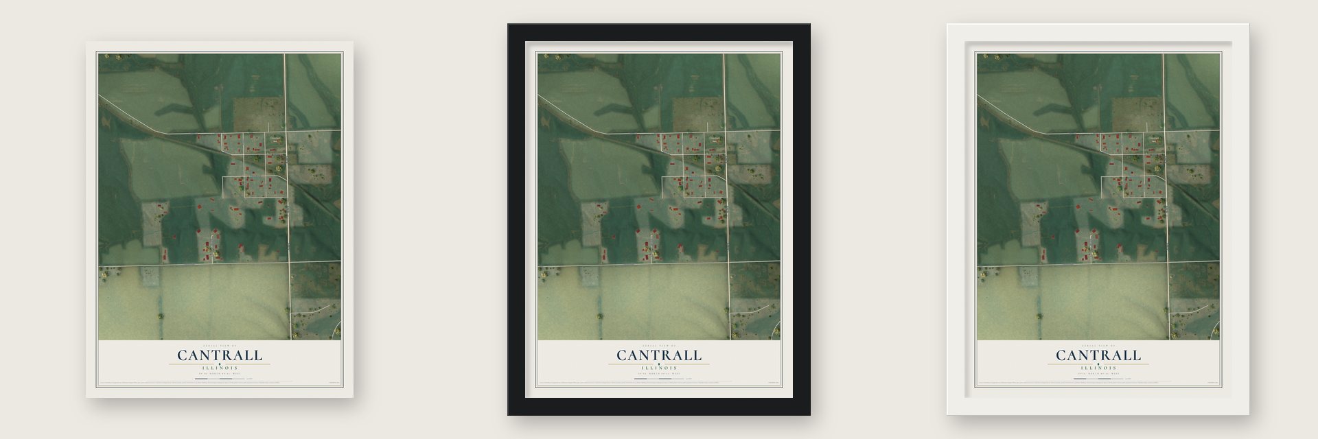 Cantrall, Illinois map unframed, in a black wood frame and in a white wood frame