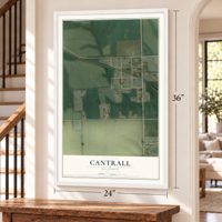 Cantrall, Illinois map, 24 x 36 inch print in a white frame by a staircase