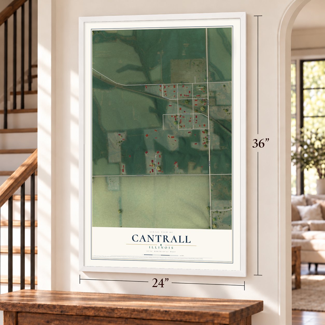 Cantrall, Illinois map, 24 x 36 inch print in a white frame by a staircase