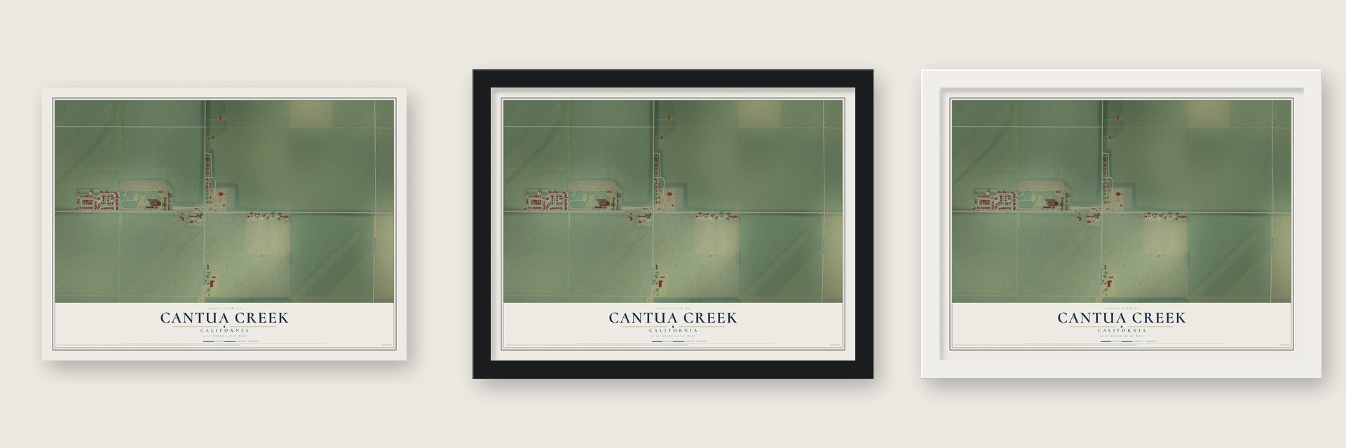 Cantua Creek, California map unframed, in a black wood frame and in a white wood frame