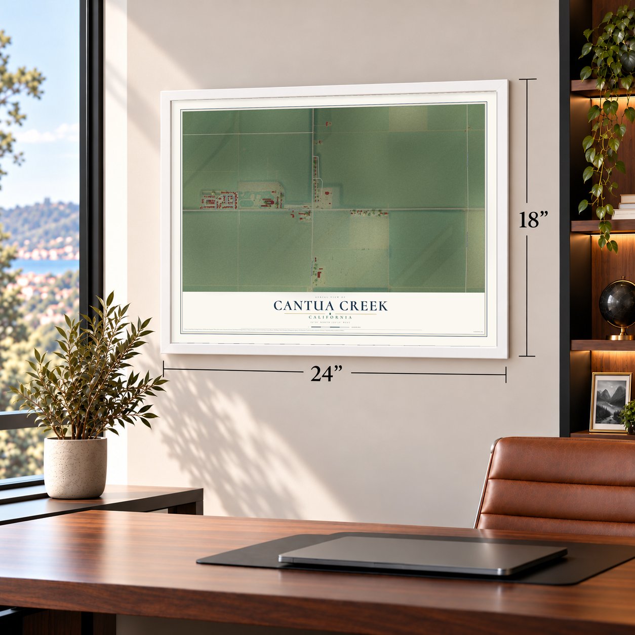 Cantua Creek, California map, 18 x 24 inch print in a white frame in a home office