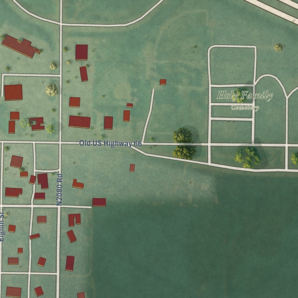 Second close-up of the map of Canute, Oklahoma print showing more streets and buildings