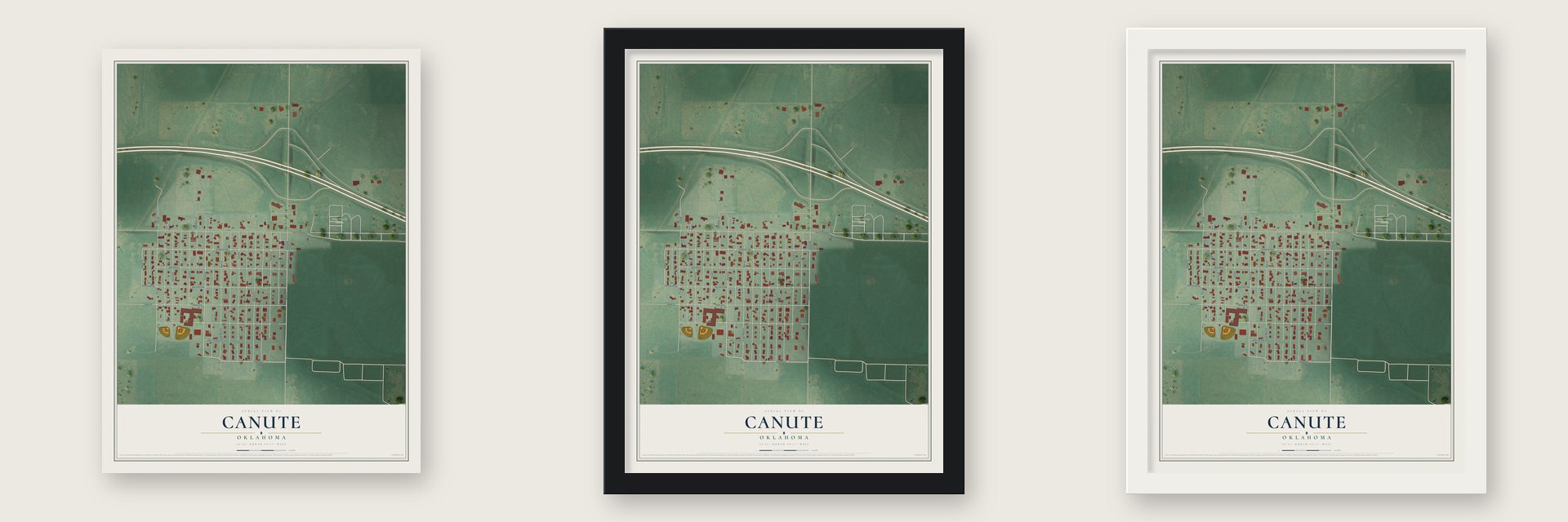 Canute, Oklahoma map unframed, in a black wood frame and in a white wood frame