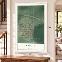 Canute, Oklahoma map, 24 x 36 inch print in a white frame by a staircase