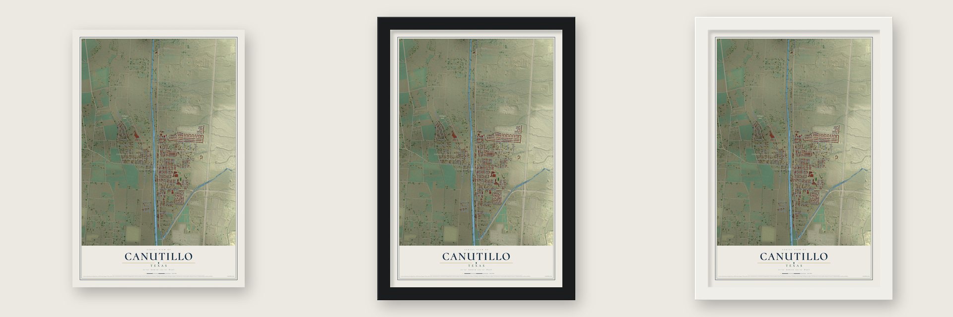 Canutillo, Texas map unframed, in a black wood frame and in a white wood frame