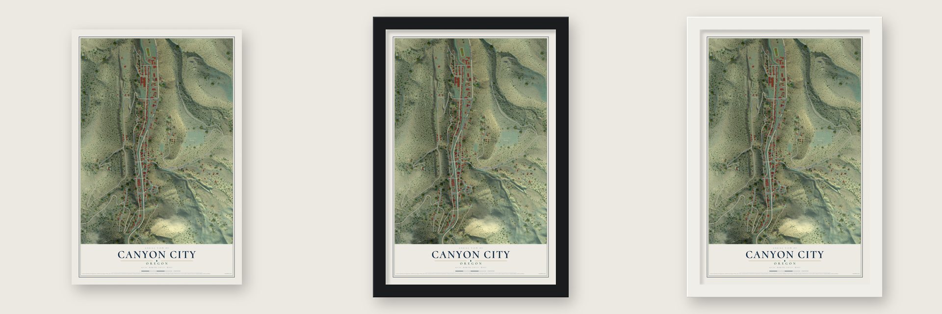 Canyon City, Oregon map unframed, in a black wood frame and in a white wood frame