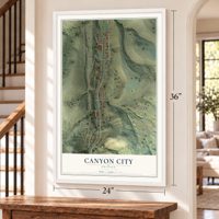 Canyon City, Oregon map, 24 x 36 inch print in a white frame by a staircase