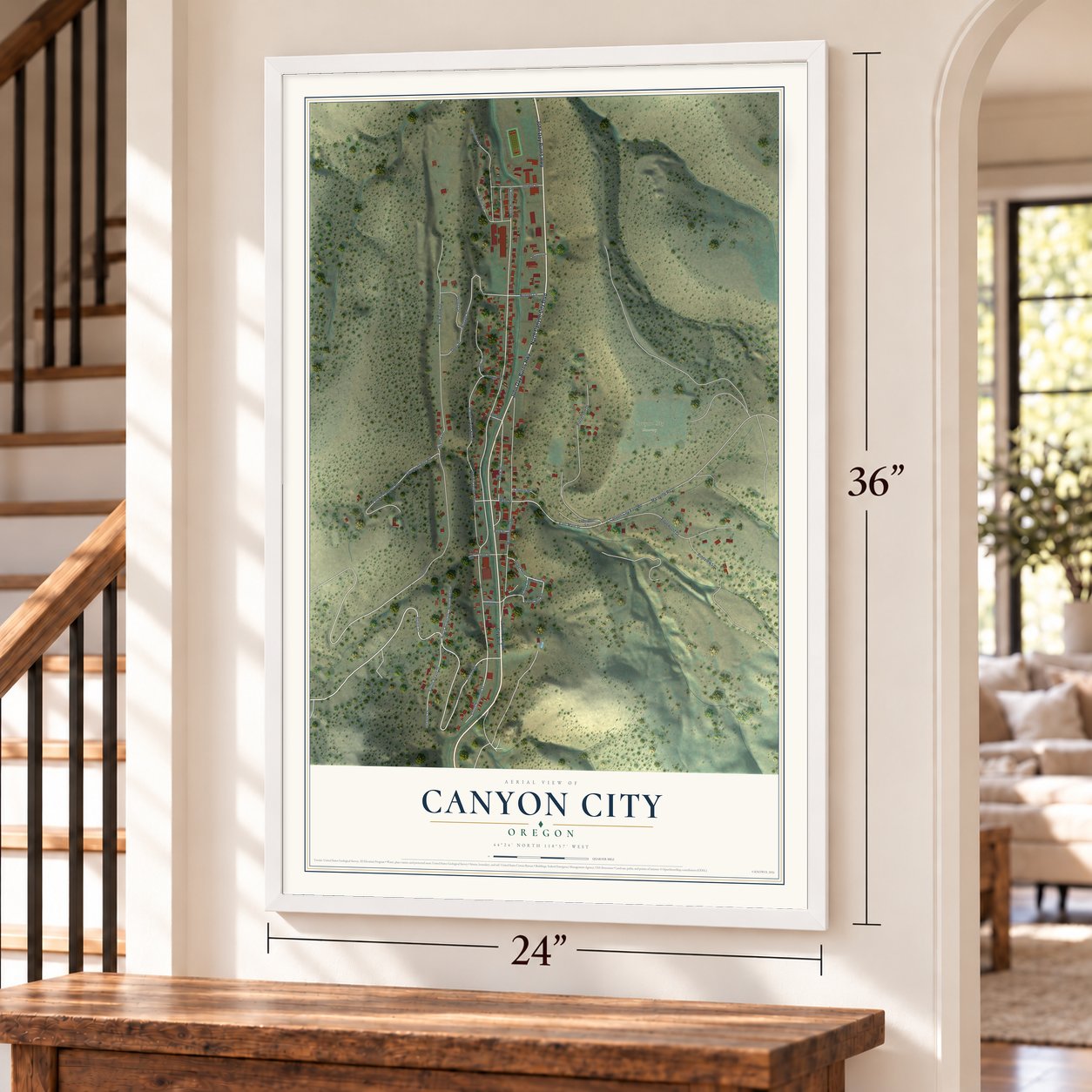 Canyon City, Oregon map, 24 x 36 inch print in a white frame by a staircase