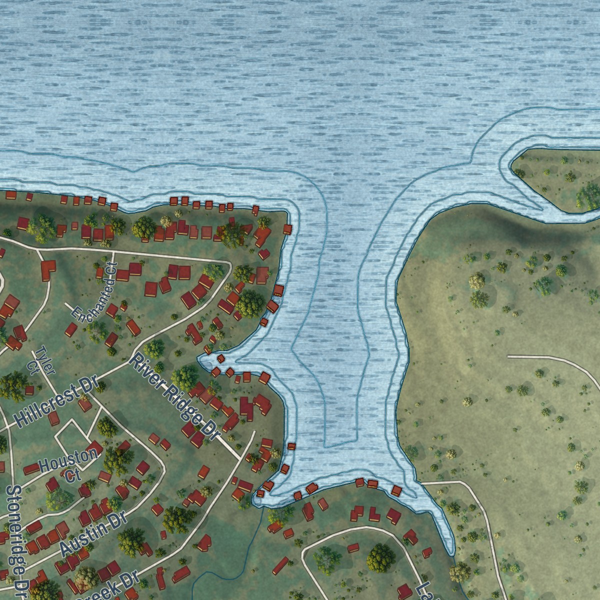 Second close-up of the map of Canyon Creek, Texas print showing more streets and buildings