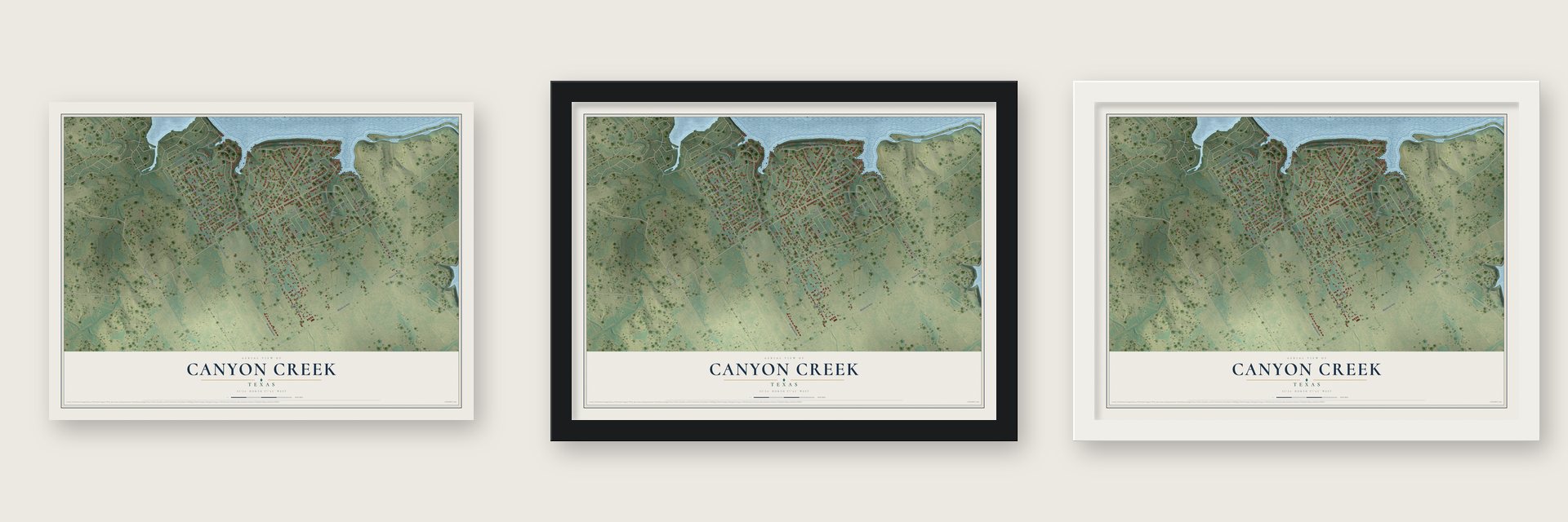 Canyon Creek, Texas map unframed, in a black wood frame and in a white wood frame
