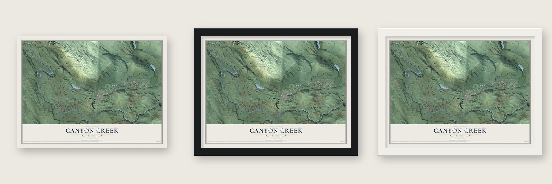 Canyon Creek, Washington map unframed, in a black wood frame and in a white wood frame
