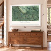 Canyon Creek, Washington map, 24 x 36 inch print in a white frame above a dresser by a staircase