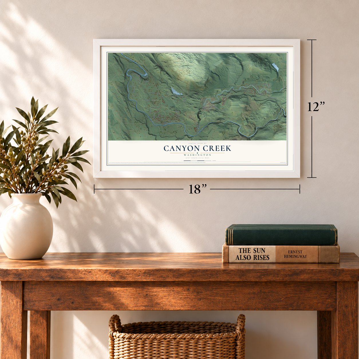 Canyon Creek, Washington map, 12 x 18 inch print in a white frame in an entryway