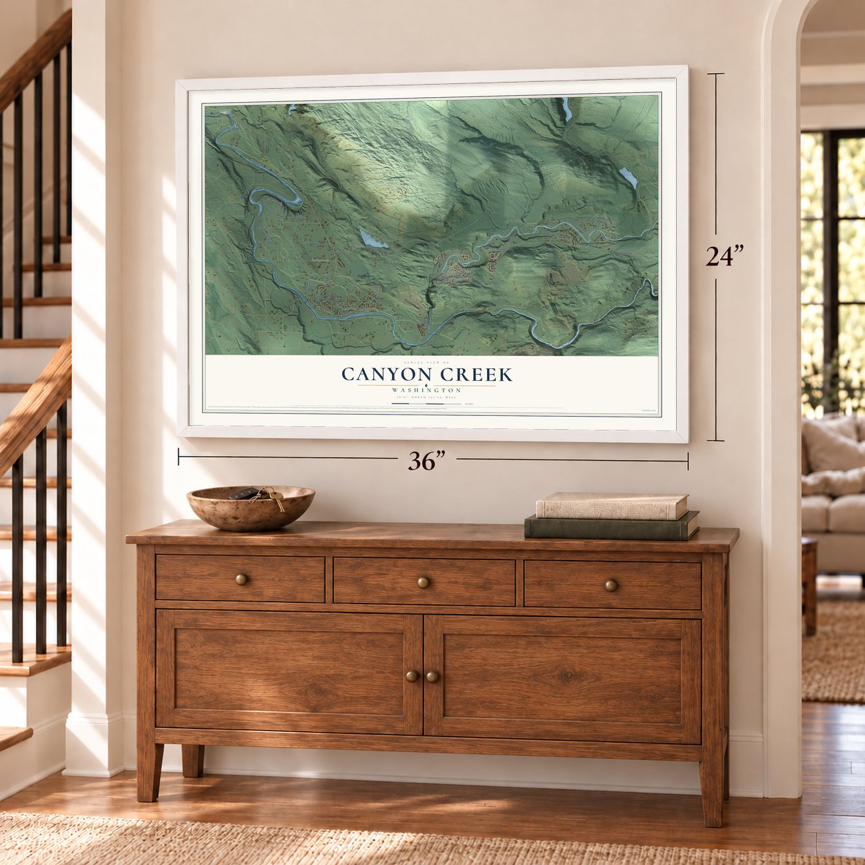 Canyon Creek, Washington map, 24 x 36 inch print in a white frame above a dresser by a staircase