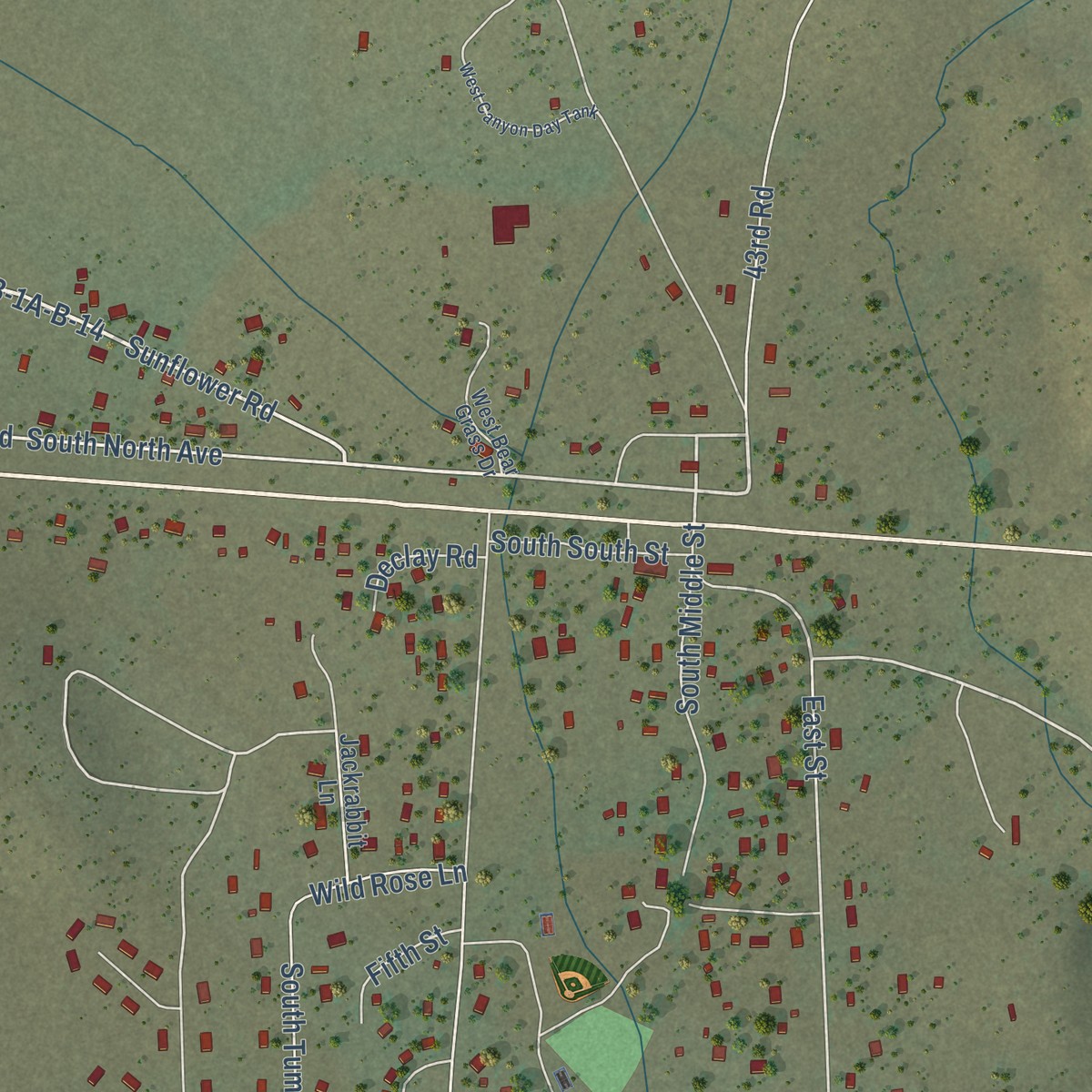 Second close-up of the map of Canyon Day, Arizona print showing more streets and buildings