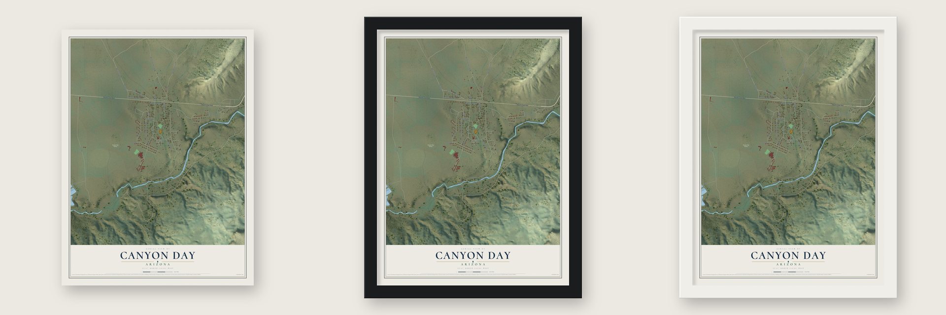 Canyon Day, Arizona map unframed, in a black wood frame and in a white wood frame