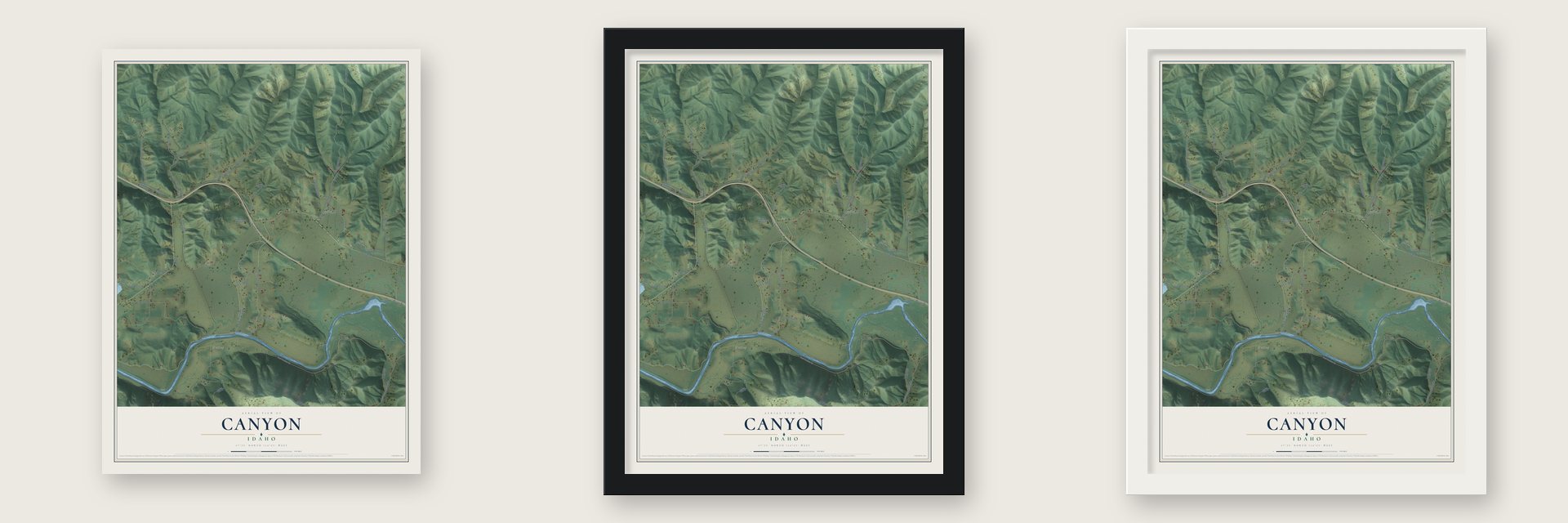 Canyon, Idaho map unframed, in a black wood frame and in a white wood frame