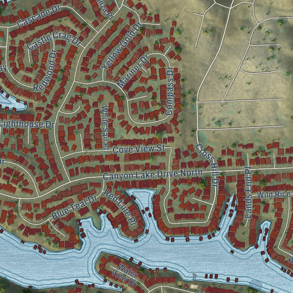 Second close-up of the map of Canyon Lake, California print showing more streets and buildings