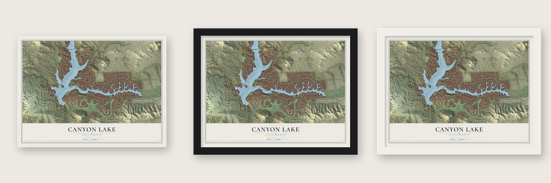 Canyon Lake, California map unframed, in a black wood frame and in a white wood frame