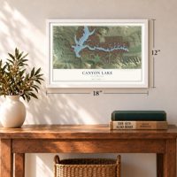 Canyon Lake, California map, 12 x 18 inch print in a white frame in an entryway