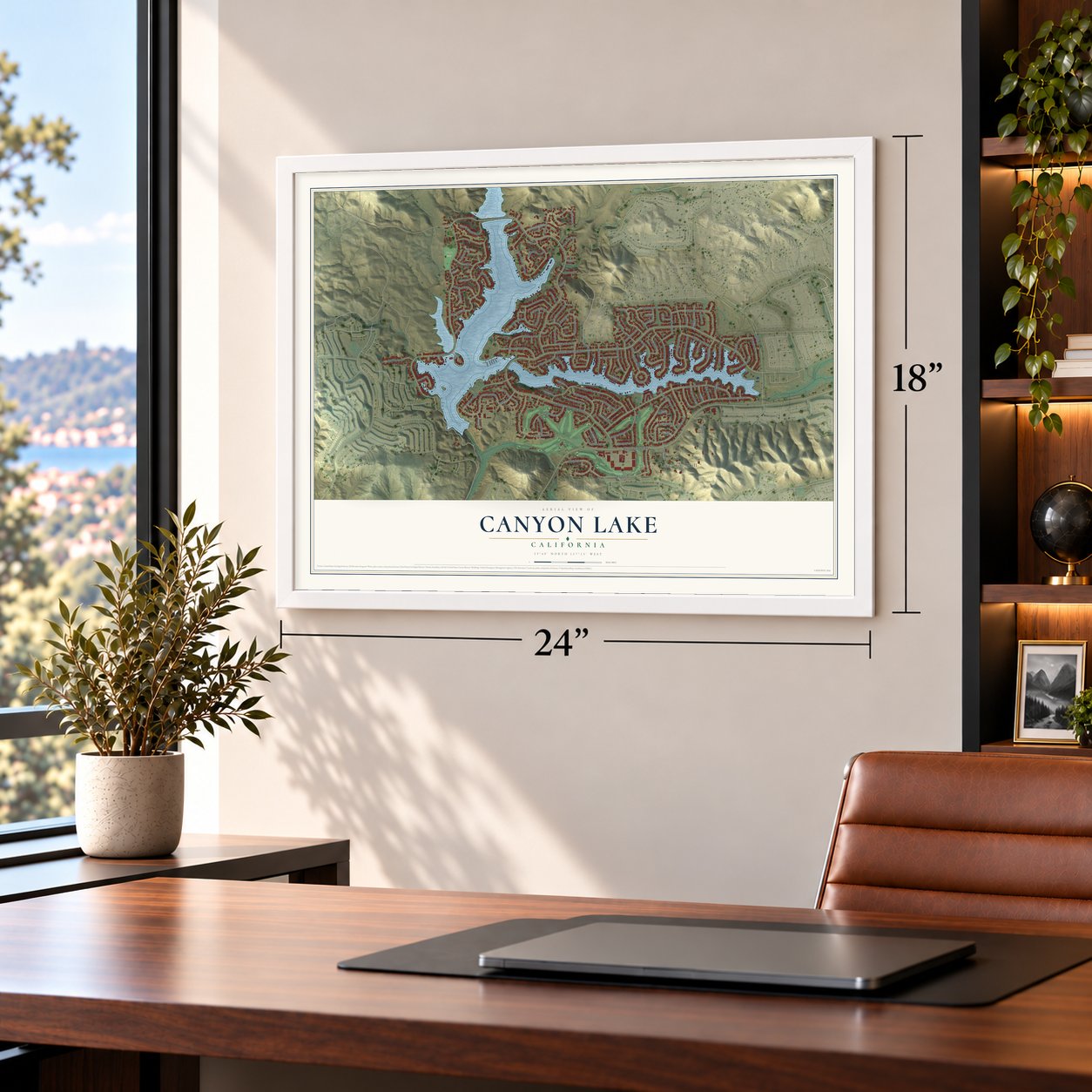 Canyon Lake, California map, 18 x 24 inch print in a white frame in a home office