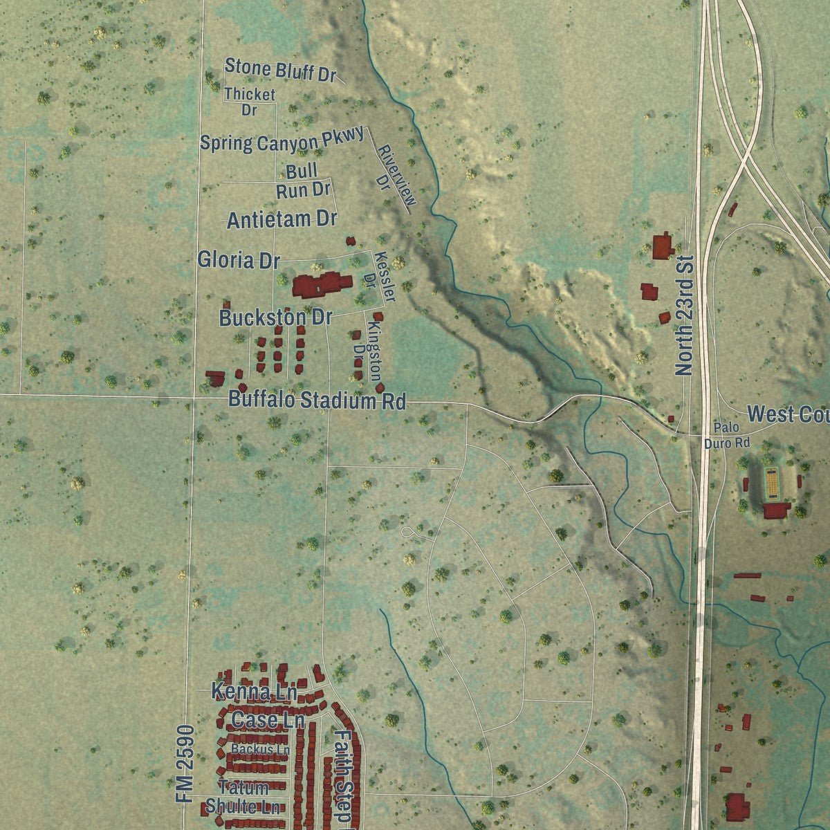 Second close-up of the map of Canyon, Texas print showing more streets and buildings