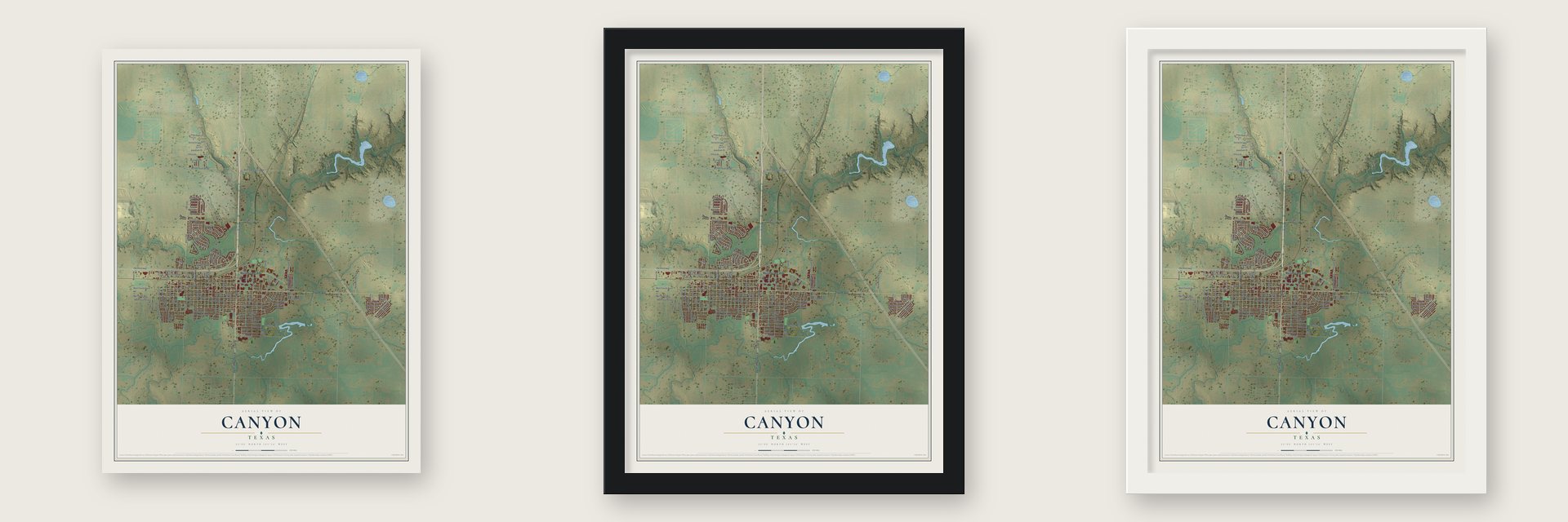 Canyon, Texas map unframed, in a black wood frame and in a white wood frame