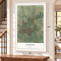 Canyon, Texas map, 24 x 36 inch print in a white frame by a staircase