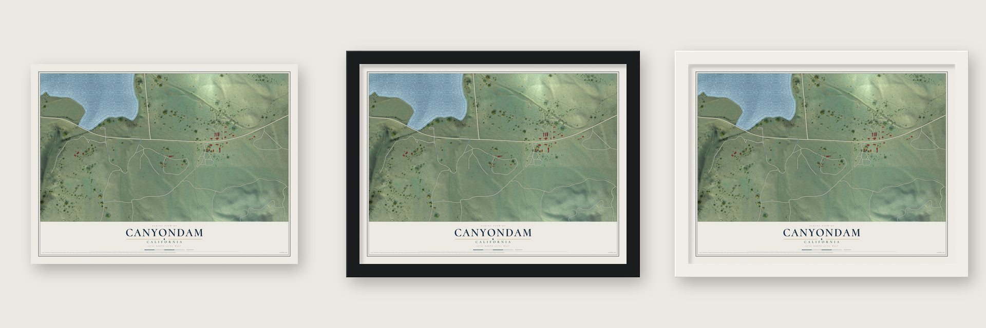 Canyondam, California map unframed, in a black wood frame and in a white wood frame