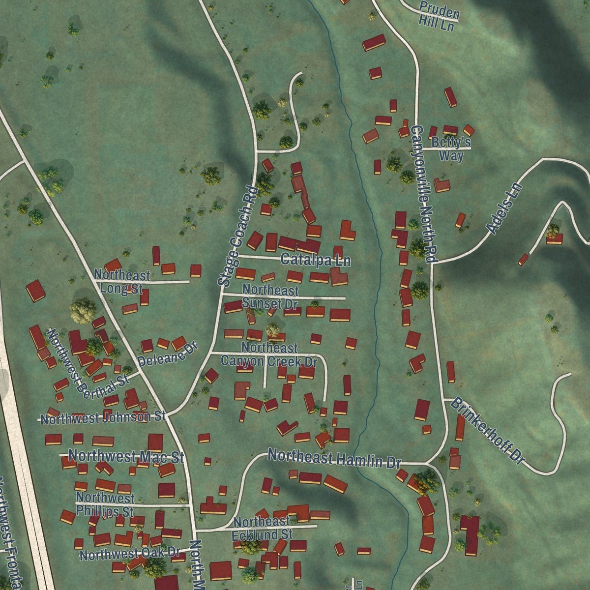 Second close-up of the map of Canyonville, Oregon print showing more streets and buildings