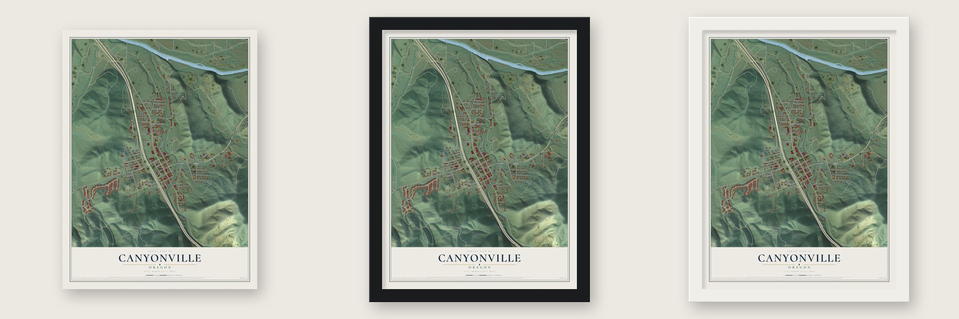 Canyonville, Oregon map unframed, in a black wood frame and in a white wood frame