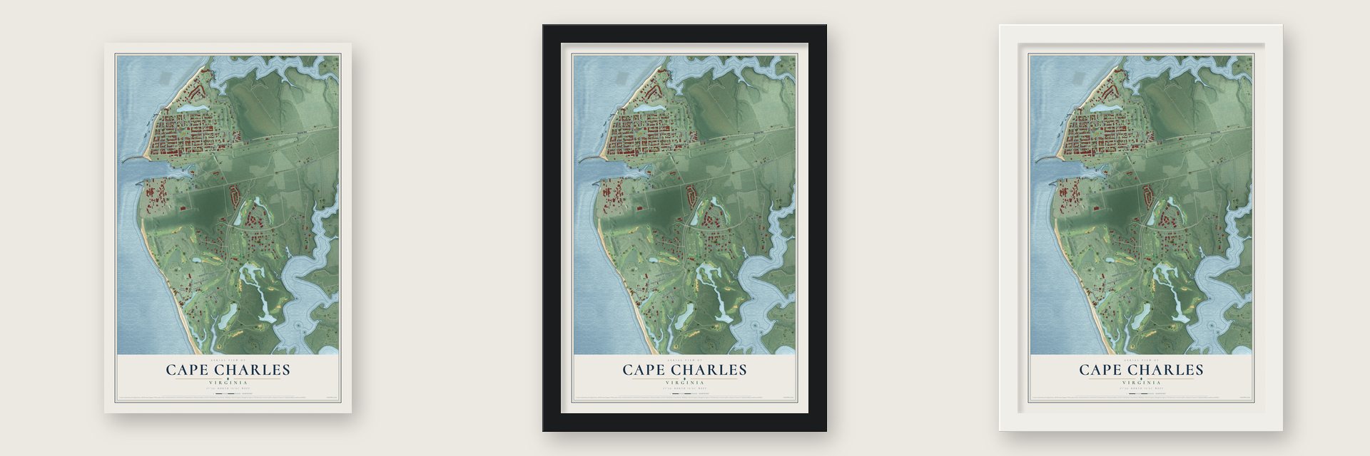 Cape Charles, Virginia map unframed, in a black wood frame and in a white wood frame