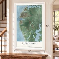 Cape Charles, Virginia map, 24 x 36 inch print in a white frame by a staircase