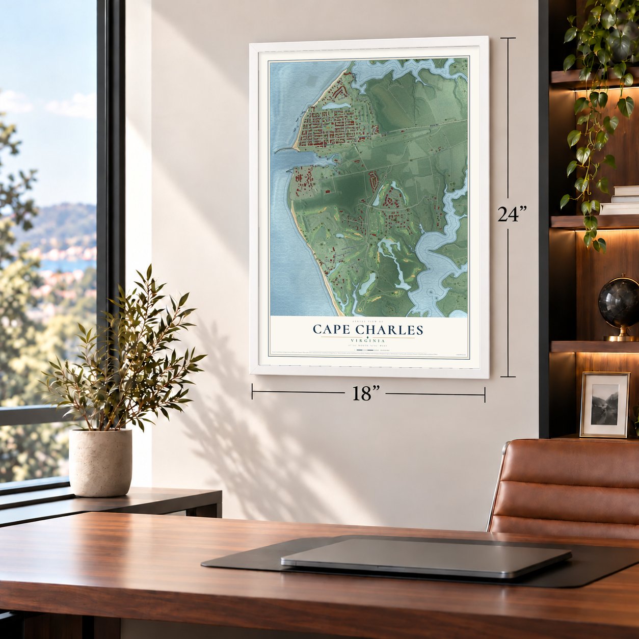 Cape Charles, Virginia map, 18 x 24 inch print in a white frame in a home office