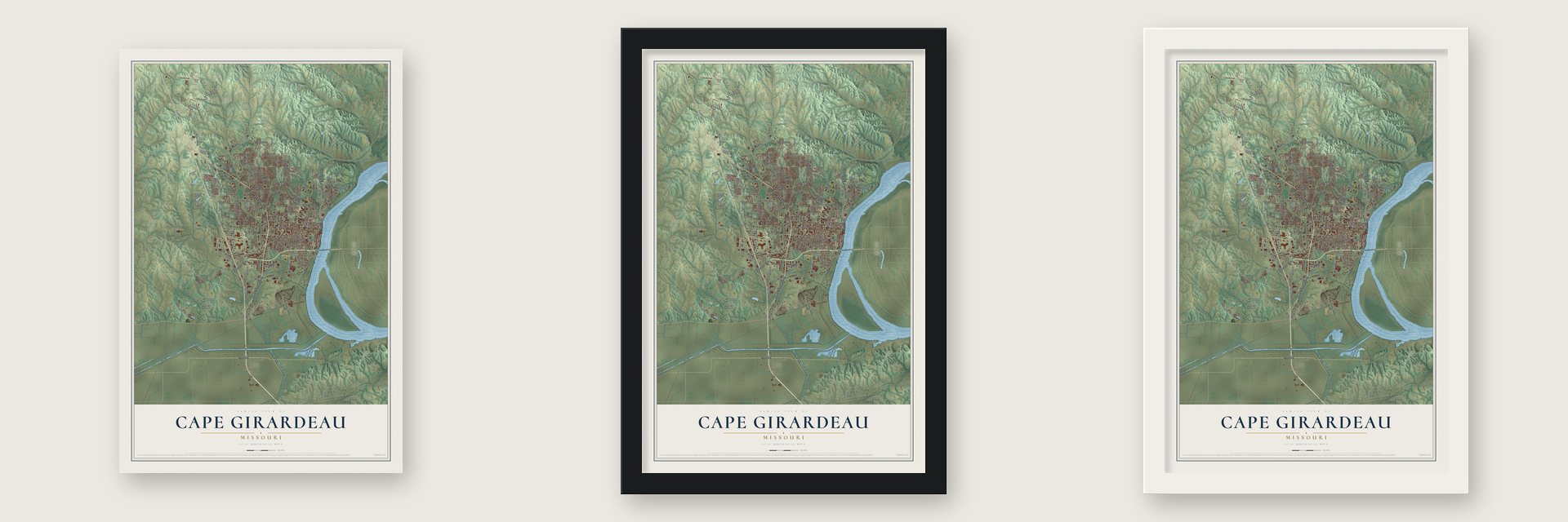 Cape Girardeau, Missouri map unframed, in a black wood frame and in a white wood frame