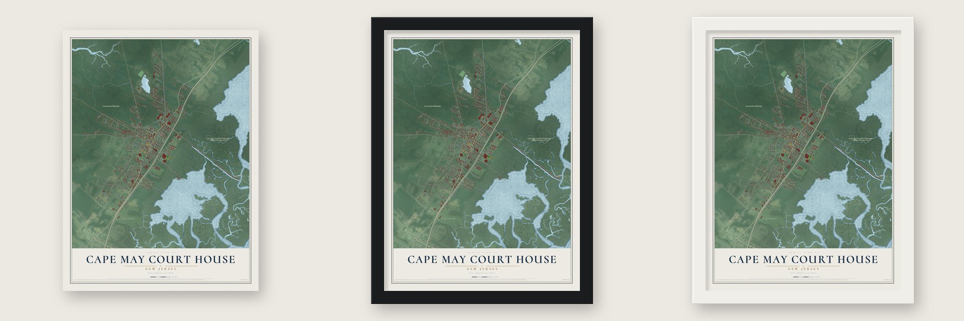 Cape May Court House, New Jersey map unframed, in a black wood frame and in a white wood frame