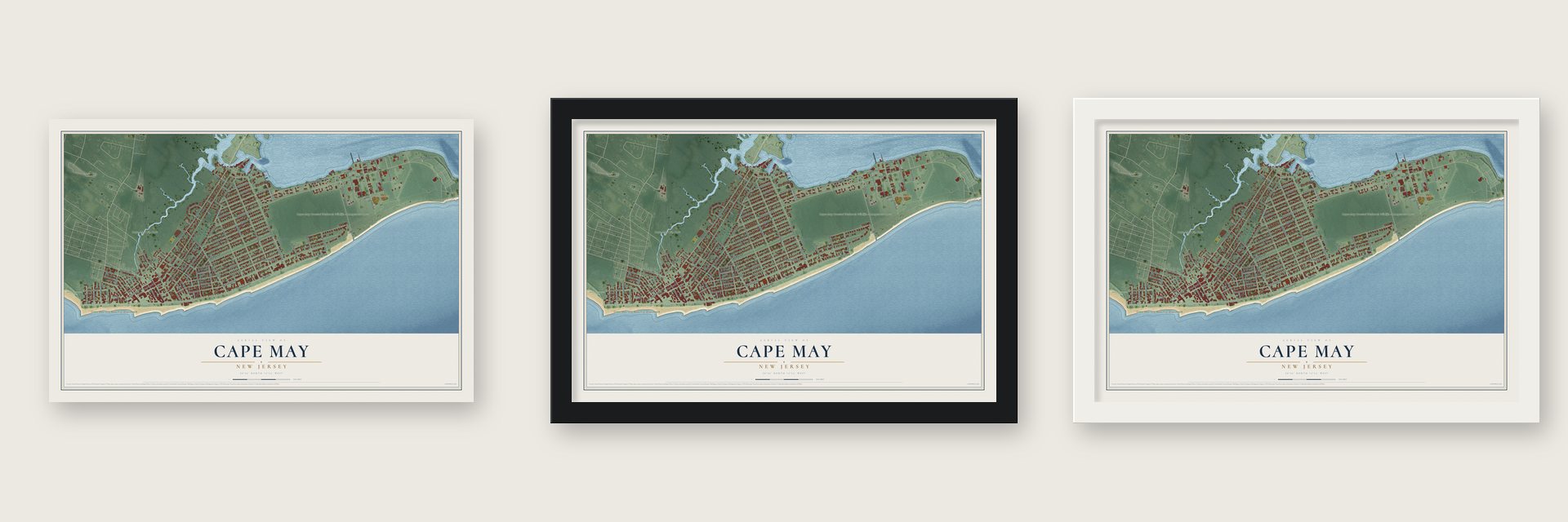 Cape May, New Jersey map unframed, in a black wood frame and in a white wood frame