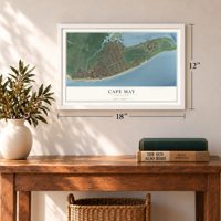 Cape May, New Jersey map, 12 x 18 inch print in a white frame in an entryway