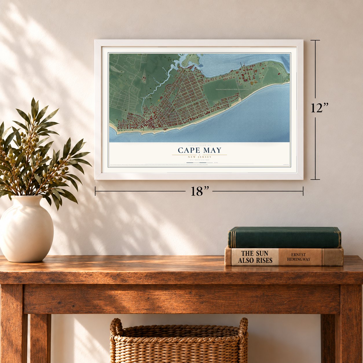 Cape May, New Jersey map, 12 x 18 inch print in a white frame in an entryway