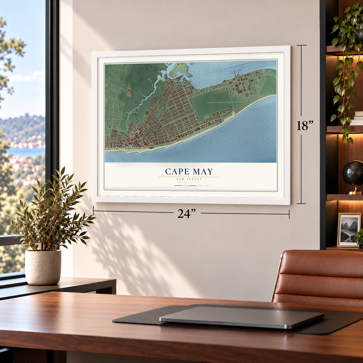 Cape May, New Jersey map, 18 x 24 inch print in a white frame in a home office