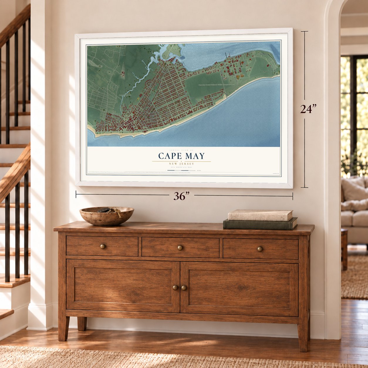 Cape May, New Jersey map, 24 x 36 inch print in a white frame above a dresser by a staircase