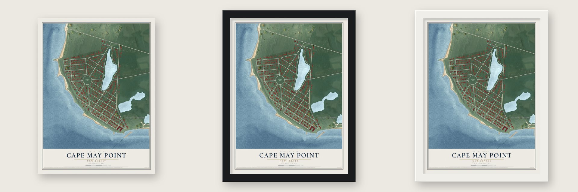 Cape May Point, New Jersey map unframed, in a black wood frame and in a white wood frame
